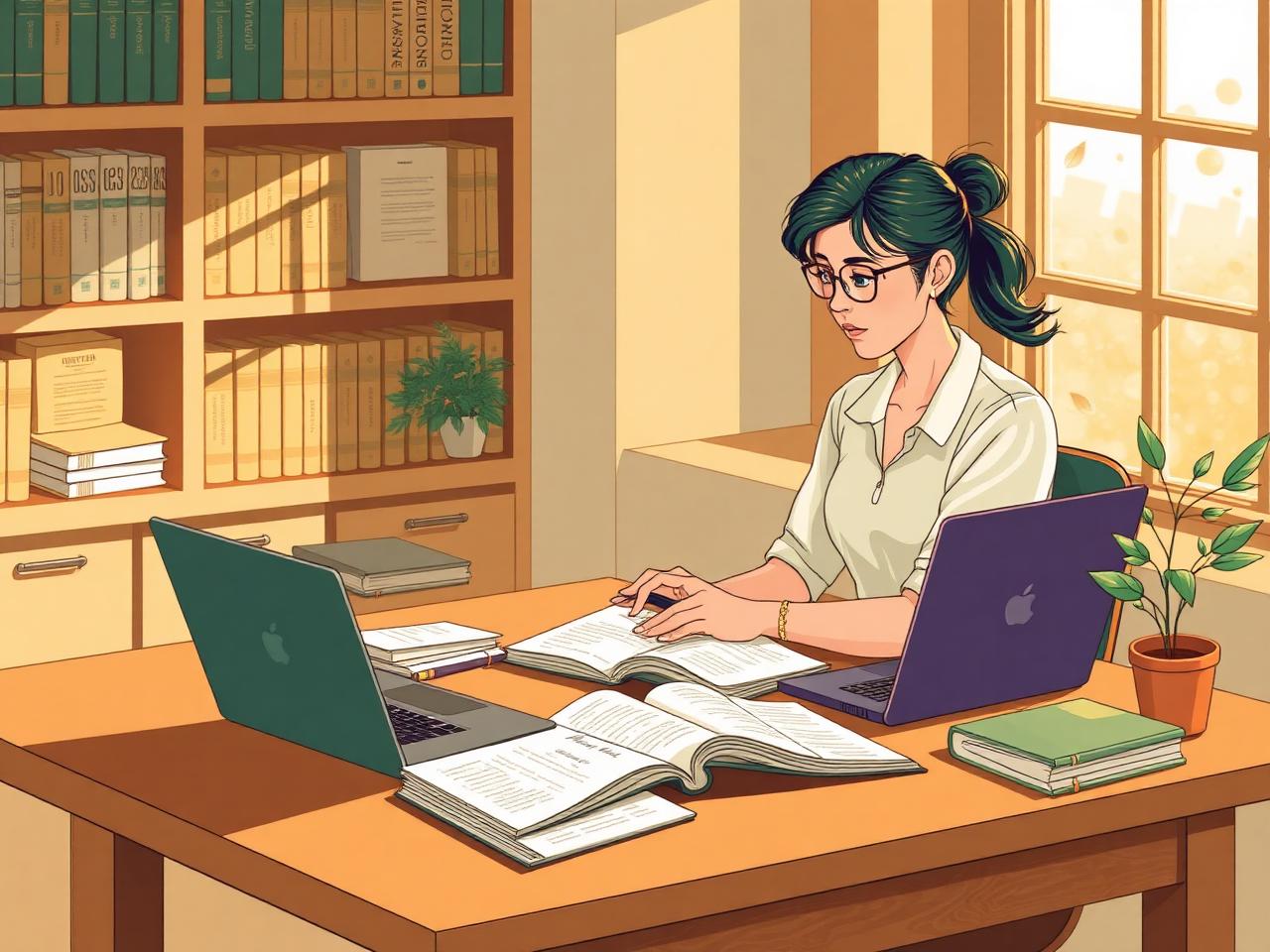 PhD-qualified mentor providing dissertation help to an Australian postgraduate researcher at a sunlit desk with reference books